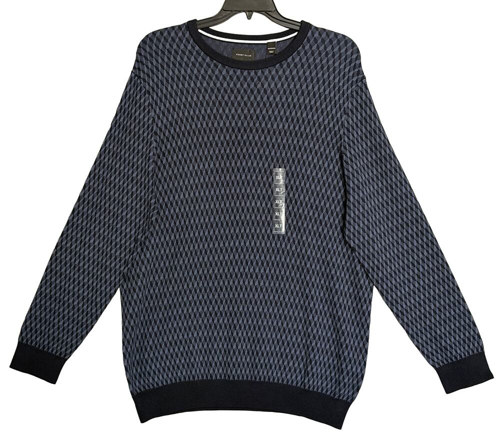 Perry Ellis Men's XLT Big & Tall Geometric Jacquard Crew Neck Sweater Indigo NWT